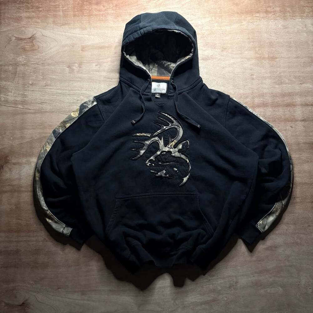 Legendary Whitetails Deer Hunting Hoodie XL Black Camo Applique Embroidered
